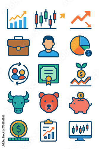 Investment and Stocks icons in modern flat vector style in minimalistic vibrant color design: stock chart, candlestick graph, rising arrow, falling
