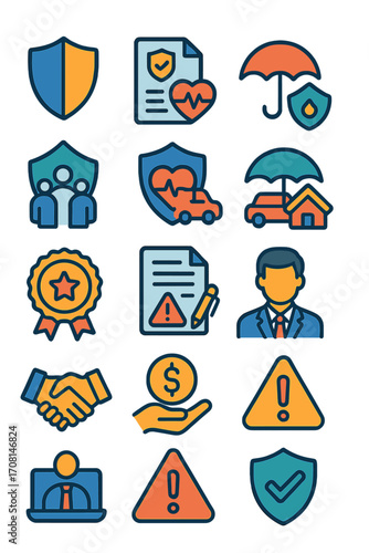 Insurance and Protection icons in modern flat vector style in minimalistic vibrant color design: shield icon, policy document, umbrella icon, safe box