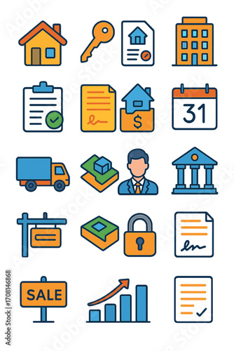 Real Estate Finance icons in modern flat vector style in minimalistic vibrant color design: house icon, key icon, mortgage document, apartment icon,