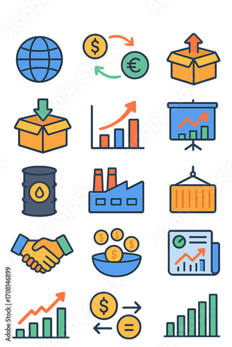 Global Economy icons in modern flat vector style in minimalistic vibrant color design: globe icon, currency exchange, trade arrows, export box, import