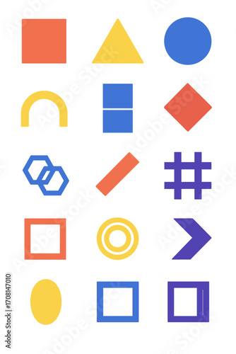 Minimal Brutalism icons in modern flat vector style in minimalistic vibrant color design: harsh square, rigid triangle, bold circle, thick chevron,
