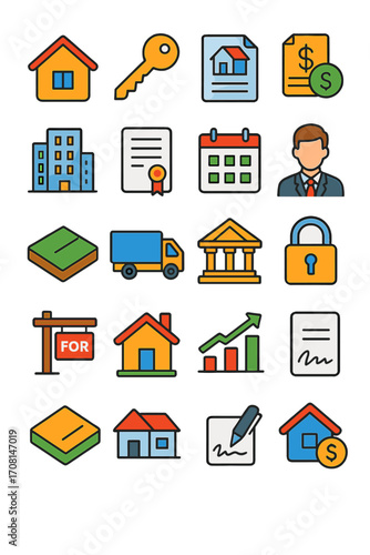 Real Estate Finance Icons icons in modern flat vector style in minimalistic vibrant color design: house icon, key icon, mortgage document, property