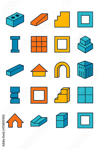 Architectural Brutalism icons in modern flat vector style in minimalistic vibrant color design: concrete block, angled slab, staircase form, square
