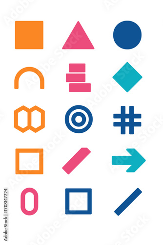 Minimal Brutalism icons in modern flat vector style in minimalistic vibrant color design: harsh square, rigid triangle, bold circle, thick chevron,