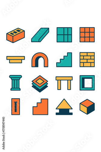 Architectural Brutalism icons in modern flat vector style in minimalistic vibrant color design: concrete block, angled slab, modular cube, grid window