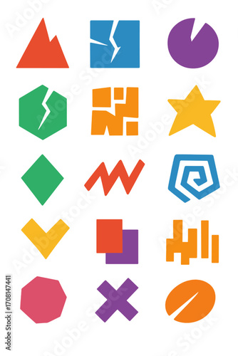 Harsh Abstract icons in modern flat vector style in minimalistic vibrant color design: jagged triangle, shattered square, broken circle, thick star,