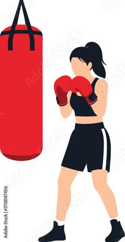 Boxing training illustration with athlete in gloves punching red bag, fitness workout, combat sport, discipline, strength and exercise concept