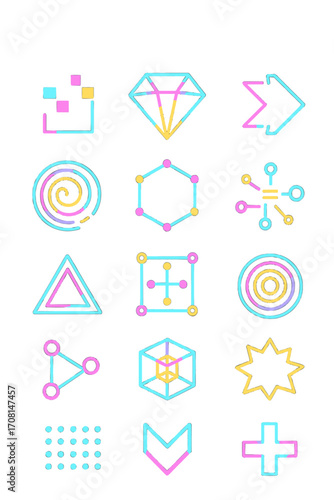 Cyber Geometry icons in modern flat vector style in minimalistic vibrant color design: pixelated square, neon diamond, wired hexagon, angular arrow,