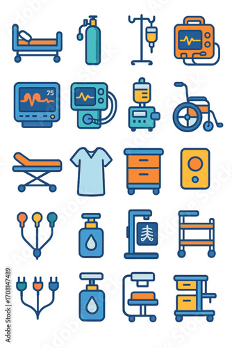 Hospital Equipment icons in modern flat vector style in minimalistic vibrant color design: hospital bed, oxygen tank, IV stand, defibrillator, patient