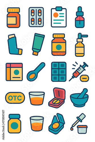 Pharmacy icons in modern flat vector style in minimalistic vibrant color design: pill bottle, capsule blister, prescription form, dropper bottle,