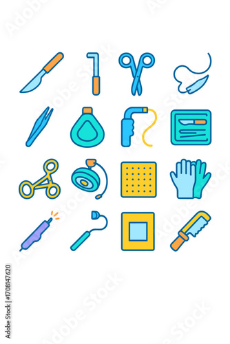 Surgical Tools icons in modern flat vector style in minimalistic vibrant color design: scalpel, retractor, surgical scissors, suture needle, forceps,