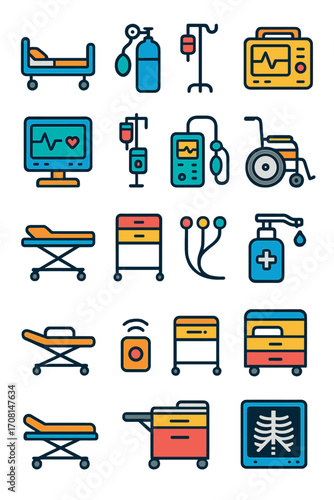 Hospital Equipment icons in modern flat vector style in minimalistic vibrant color design: hospital bed, oxygen tank, IV stand, defibrillator, patient