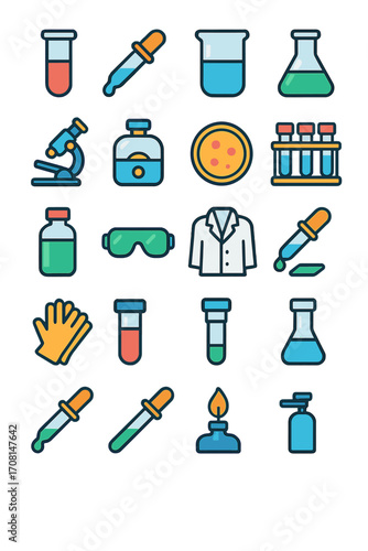 Laboratory Tools icons in modern flat vector style in minimalistic vibrant color design: test tube, pipette, beaker, flask, microscope, centrifuge,
