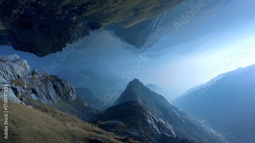 Majestic Mountain Landscape with Deep Valleys and Blue Sky in Natural Setting
