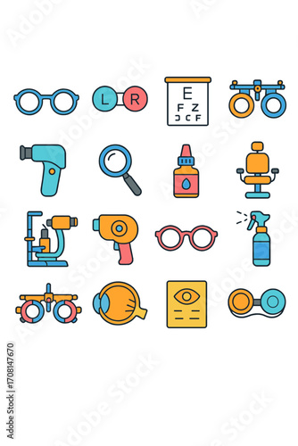 Optometry icons in modern flat vector style in minimalistic vibrant color design: eyeglasses, contact lens case, vision chart, trial lens set,