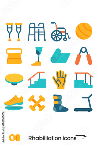 Rehabilitation icons in modern flat vector style in minimalistic vibrant color design: crutches, walker frame, wheelchair, therapy ball, resistance