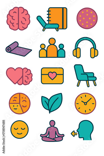 Mental Health icons in modern flat vector style in minimalistic vibrant color design: brain icon, therapy couch, journal notebook, stress ball,