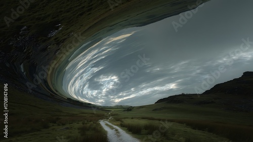 Surreal Landscape with Twisted Sky and Rolling Green Hills Under Cloudy Overcast Sky