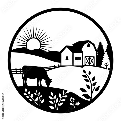 Farmhouse barn cow silhouette rural countryside sun rural scene vector