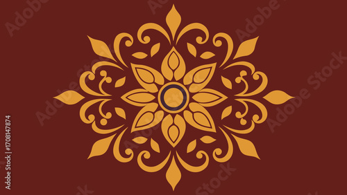 Golden Floral Mandala Design on a Deep Red Background ornament symmetrical