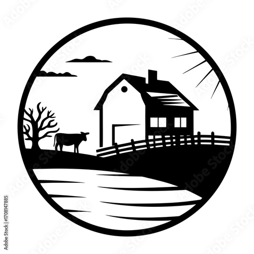 Silhouette farmhouse cow drinking water rural countryside scene vector