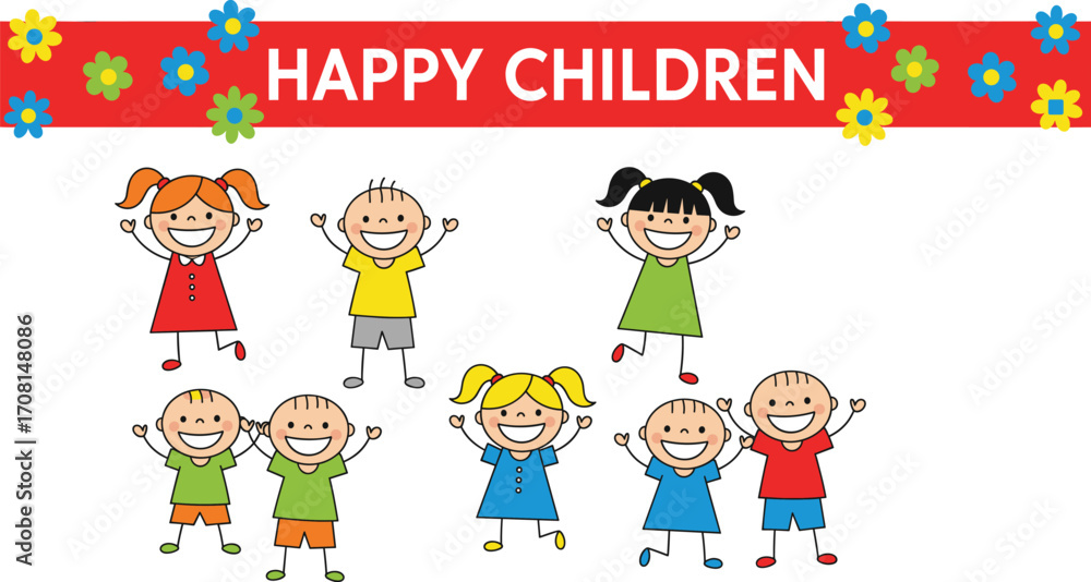 Fototapeta premium Happy cartoon children illustration with colorful outfits, smiling faces, flower banner, joyful expressions, and playful celebration of childhood fun