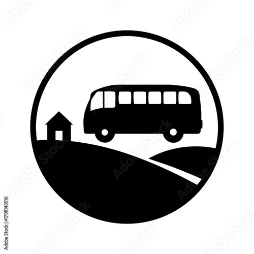 Airport shuttle bus silhouette rural landscape circle icon vector