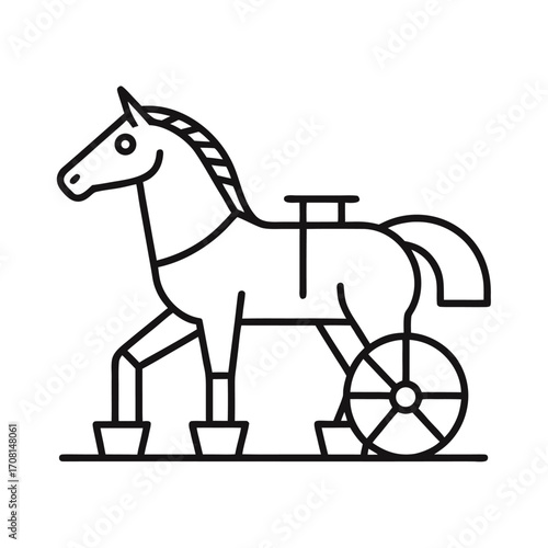 Outline icon of a horse pulling a plow on a white background