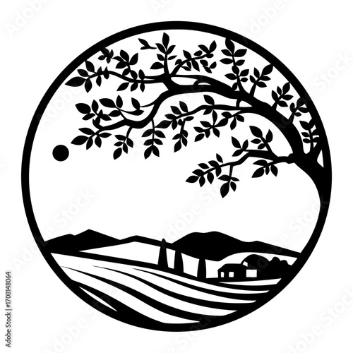 Almond tree silhouette farmhouse landscape circle scene vector