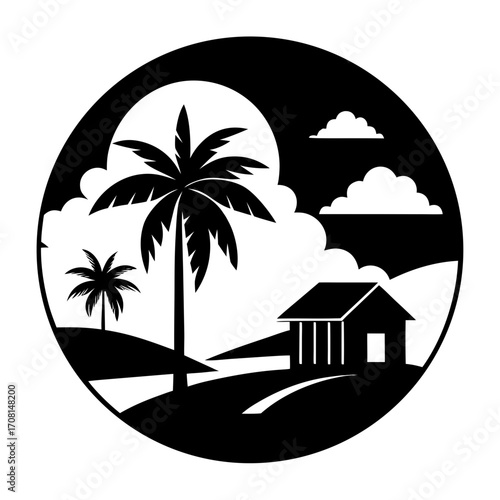 Tropical island silhouette with palm trees and hut vector