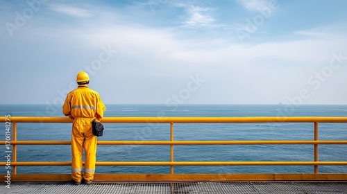 A seafarer in a yellow uniform stands on a platform overlooking the ocean, with a clear blue sky above.
