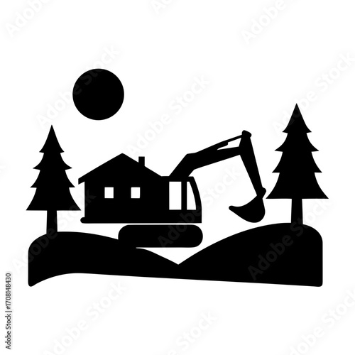Silhouette backhoe excavator digging near farmhouse and trees vector