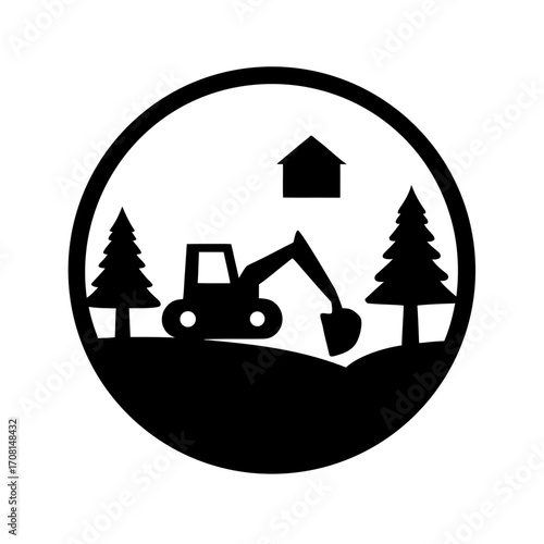 Silhouette of backhoe digging near farmhouse and trees vector
