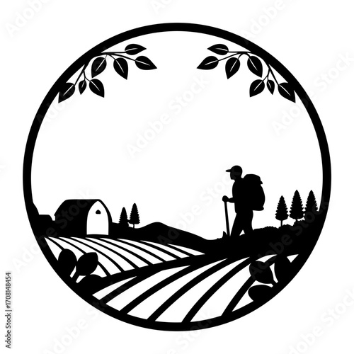 Silhouette backpacker setting camp rural landscape farm scene vector