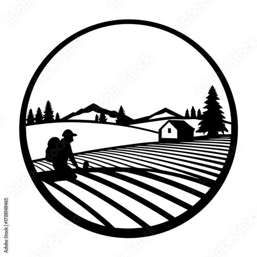 Silhouette backpacker setting camp rural landscape circle scene vector