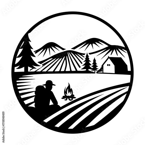 Silhouette backpacker setting camp near mountains and cabin vector