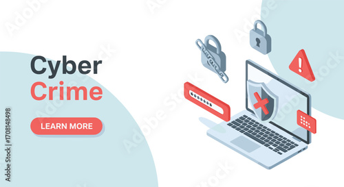 Cyber crime awareness illustration, laptop security breach, malware alert, password hacking, digital threat icons, cartoon-style vector for online safety
