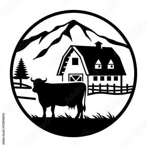 Farmhouse barn bull mountains rural landscape circle silhouette vector