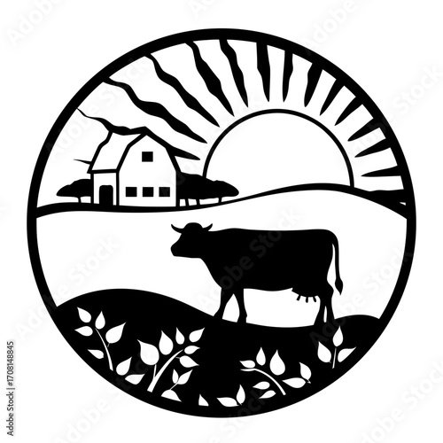 Farmhouse silhouette sun bull grazing rural landscape circle vector
