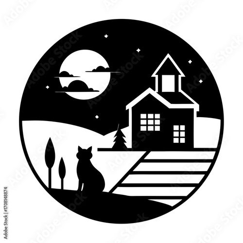 Silhouette farmhouse cat moonlit night rural scene circular vector