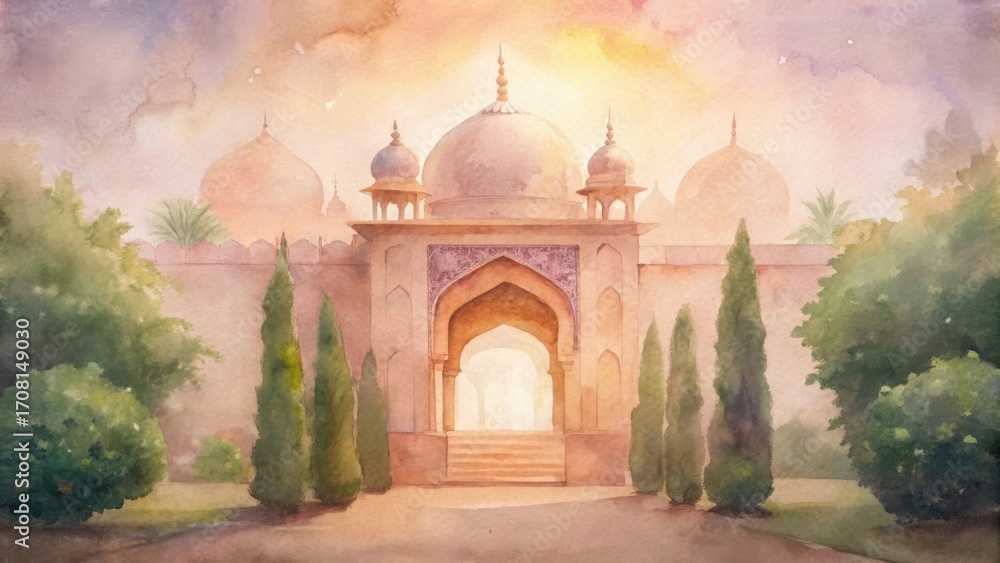 Obraz premium Ornate sandstone archway entrance to a majestic palace with gardens and golden light
