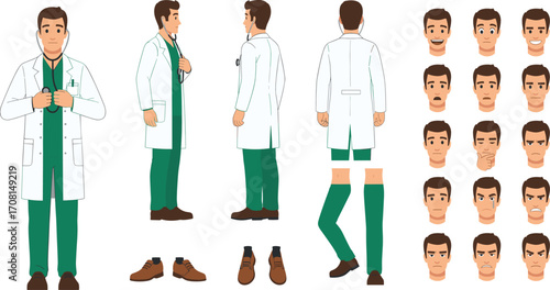 Male Doctor Character Design Sheet with Lab Coat, Facial Expressions, Multiple Views, and Outfit Details for Medical Animation Projects