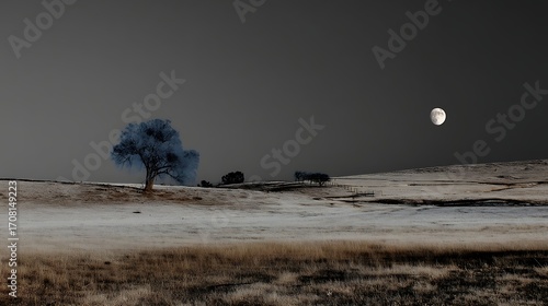 Serene Night Landscape with Full Moon and Bare Trees in Snowy Field