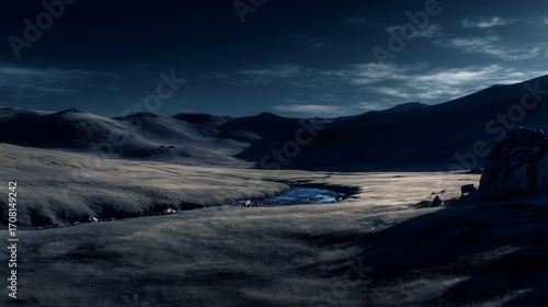 Dark Mountain Landscape with Stream Under Cloudy Night Sky