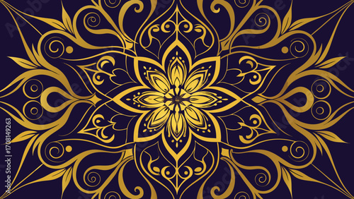 Golden Ornate Mandala Design On Dark Blue Background vector illustration