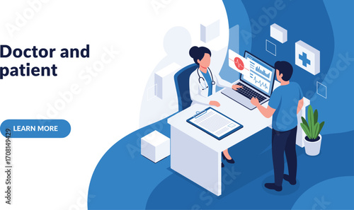 Doctor and patient cartoon illustration, medical consultation scene, healthcare interaction, clipboard and ECG vector for clinical and wellness content