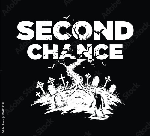 a spooky, graphic-style illustration of a "second chance" concept, featuring a spooky graveyard with tombstones and a zombie-like figure rising from the ground.