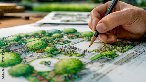 A landscape architect is drawing the layout of an outdoor garden