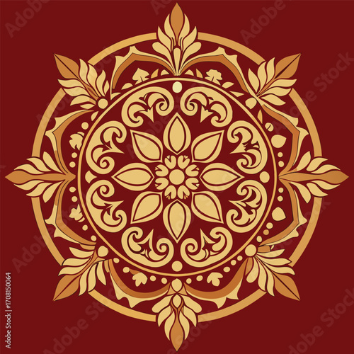 Golden Ornate Mandala with Floral Motifs on a Deep Red Background vector illustration