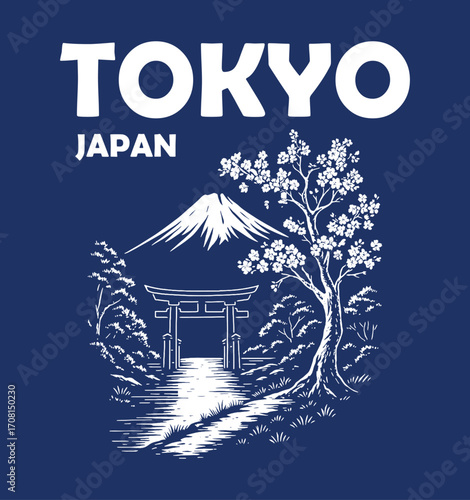 a tranquil, traditional japanese-style logo for "tokyo japan," depicting mount fuji, a torii gate, and cherry blossoms, in a serene blue monochrome vector.